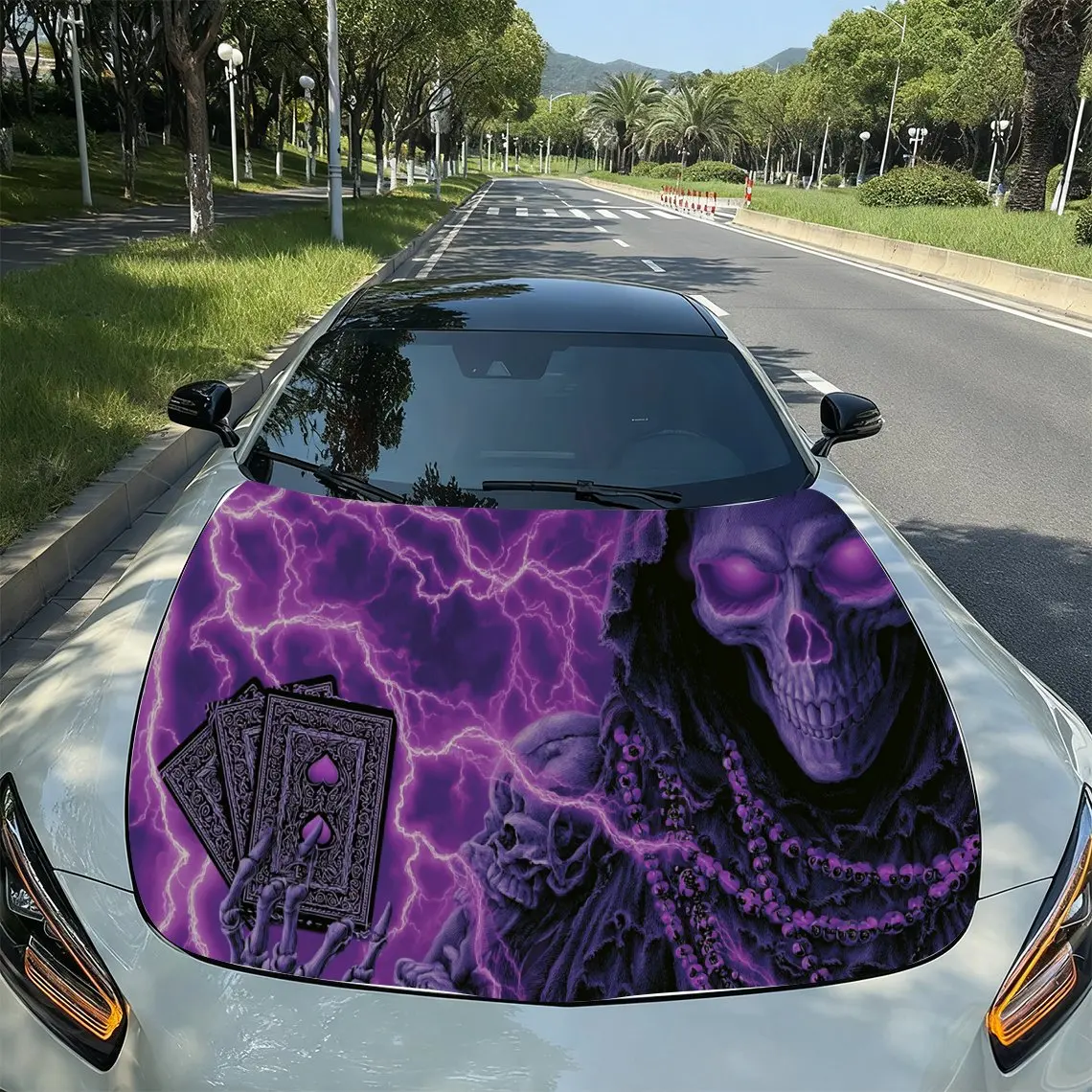 

Purple Lightning Reaper Dark Mystery PVC Car Hood Wraps, Self-Adhesive Waterproof Car Bonnet Decal Sticker, Car Decoration Prote