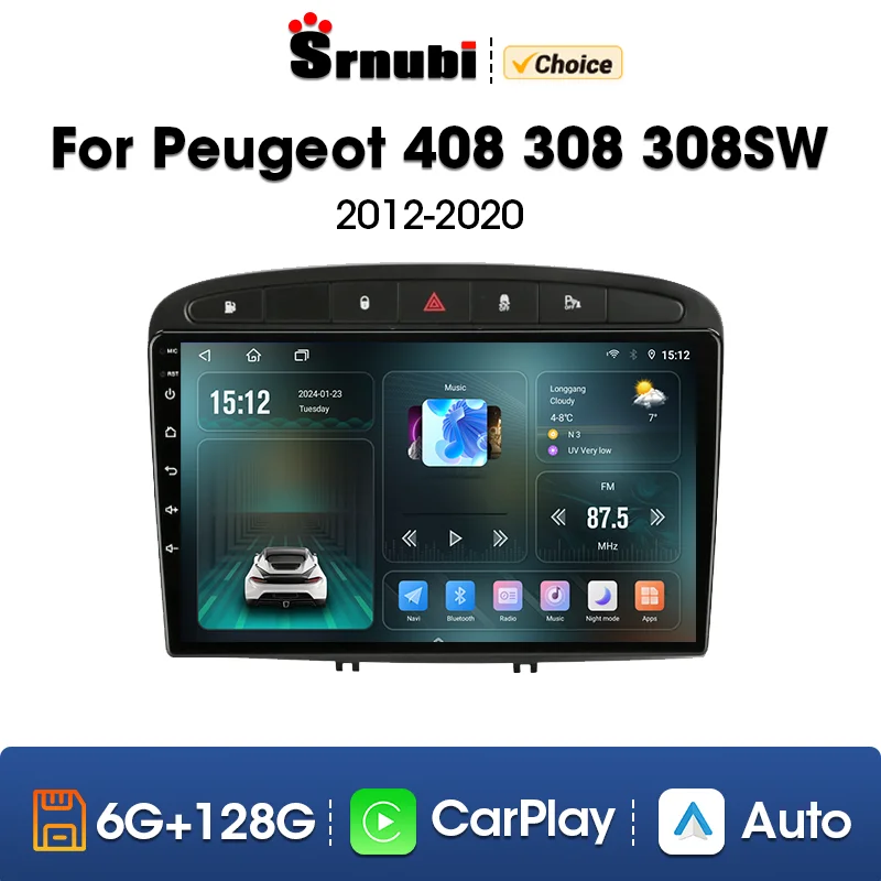 Srnubi 2 din For Peugeot 408 2012 - 2020 For 308 T7 2007 - 2015 Car Radio Multimedia Player Android 12 Carplay Stereo GPS DVD