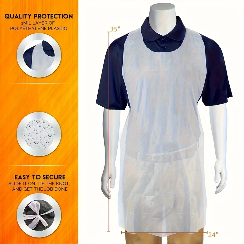 

100 одноразовых белых пластиковых фартуков, устойчивых к пятнам, простых в использовании, регулируемые ремни, идеально подходят для приготовления пищи и покраски.