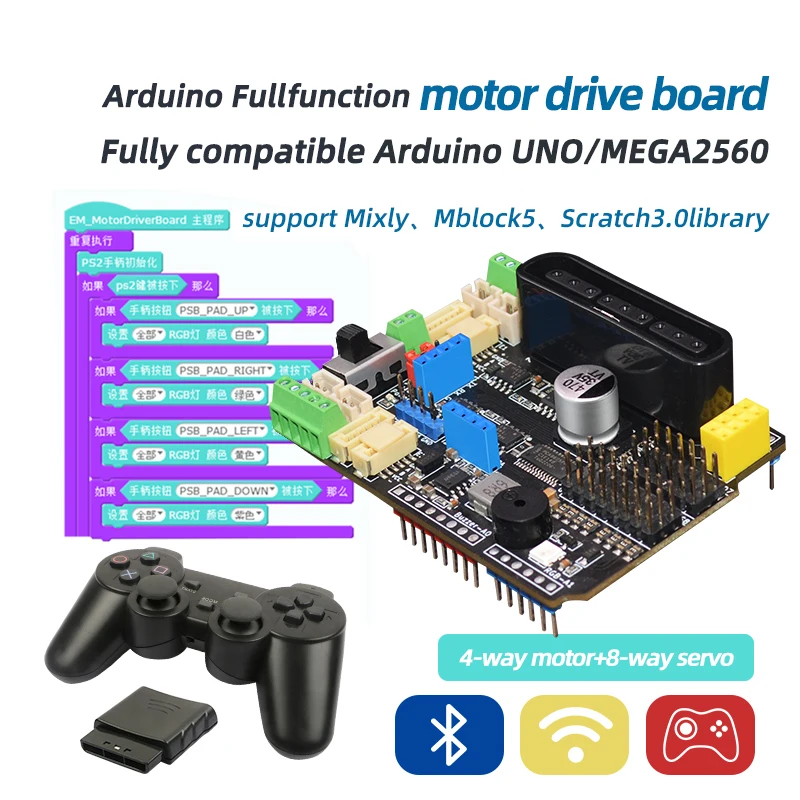 Epakefun dla Arduino UNO Mega2560 R3 karta rozszerzenia 6 ~ 35V z 4-kanałowymi silnikami serwomechanizmy porty PS2 JoystickRemoteControl
