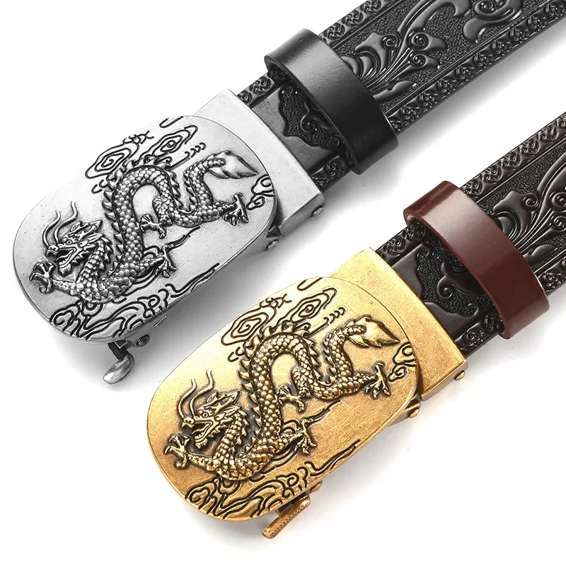 3,5 cm Beliebter chinesischer Loong-Gürtel aus Metalllegierung mit automatischer Schnalle, luxuriöser Herren-Gürtel aus echtem Leder, Retro-Gürtel mit geschnitzten Blumen – Detail 7