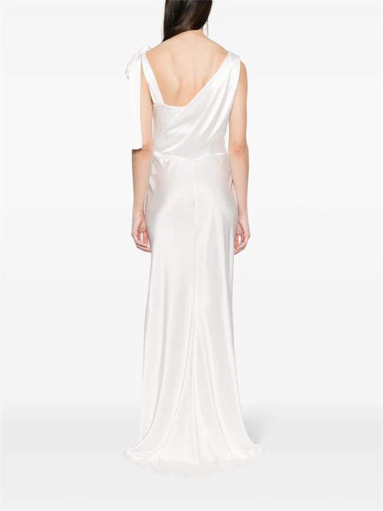 Customized White Satin Asymmetrical Draped Evening Dress, Sleeveless Scoop Neck, One-shoulder Lace-up Dress With Pleated Chest