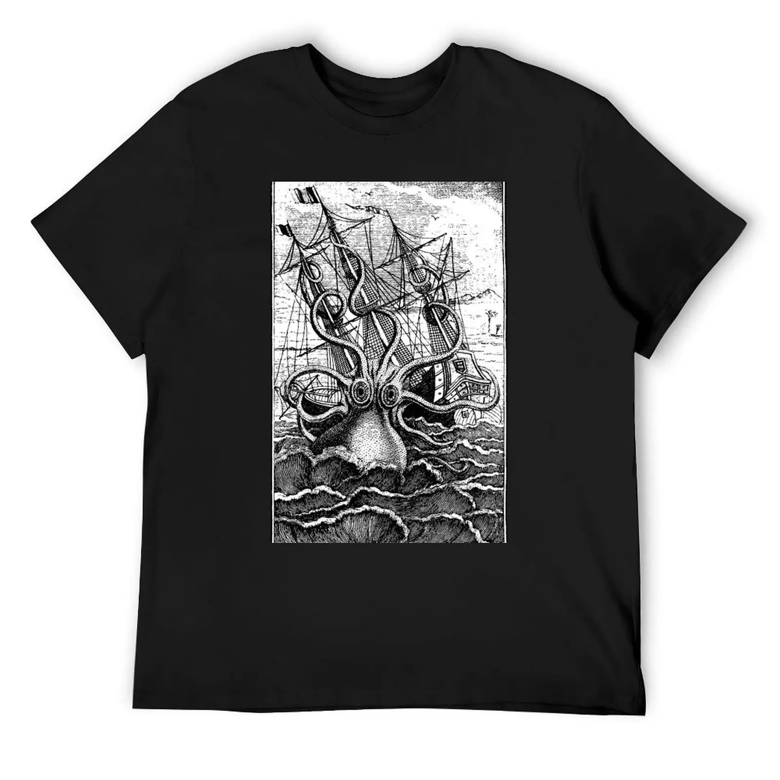 

Vintage Kraken attacking ship illustration with white background T-Shirt funny gifts new edition oversizeds mens funny t shirts
