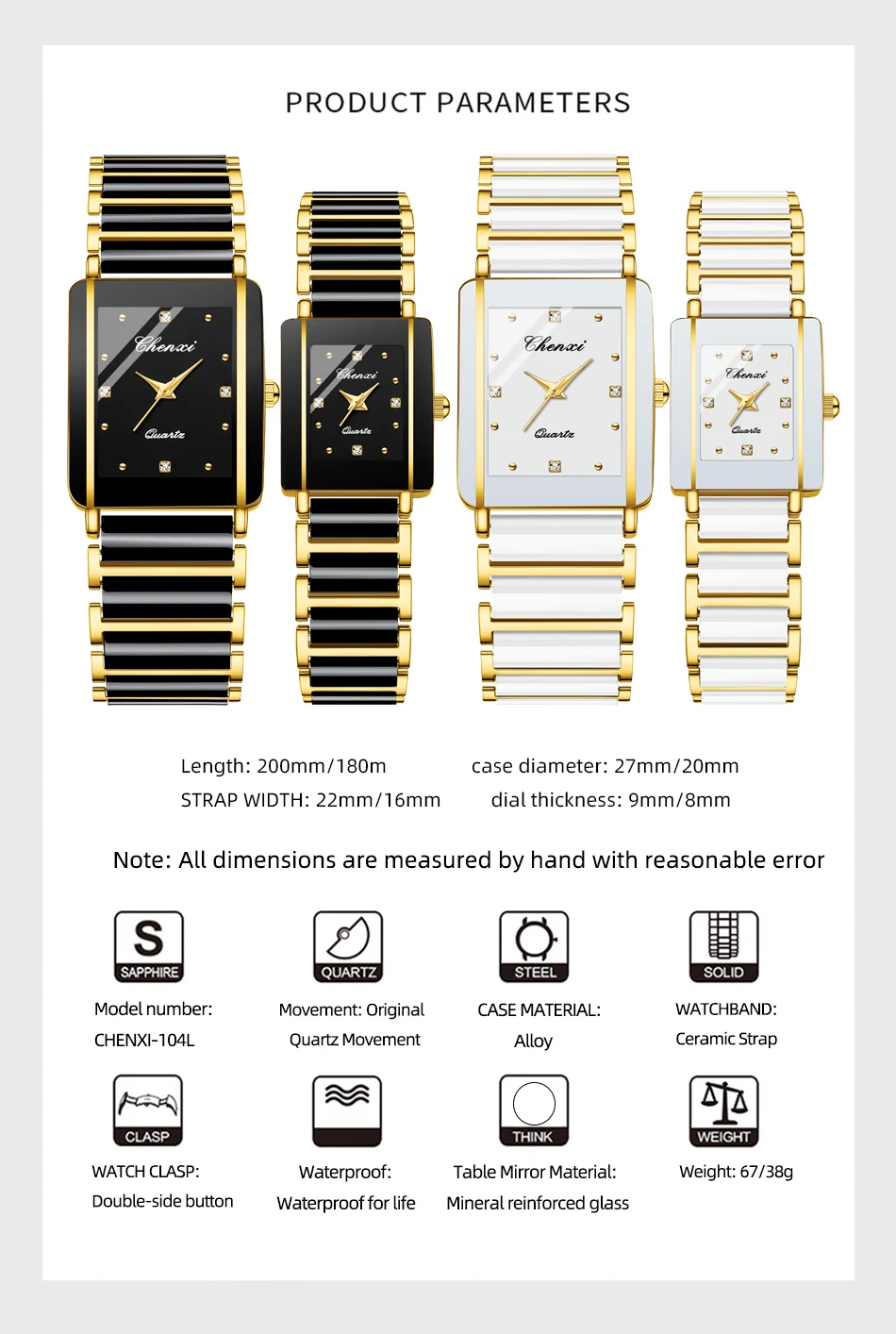 CHENXI 104A Couple's Quartz Watch Gold Black and White Ceramic Luxury Watch Men's and Women's Valentine's Day Gift Watch Reloj
