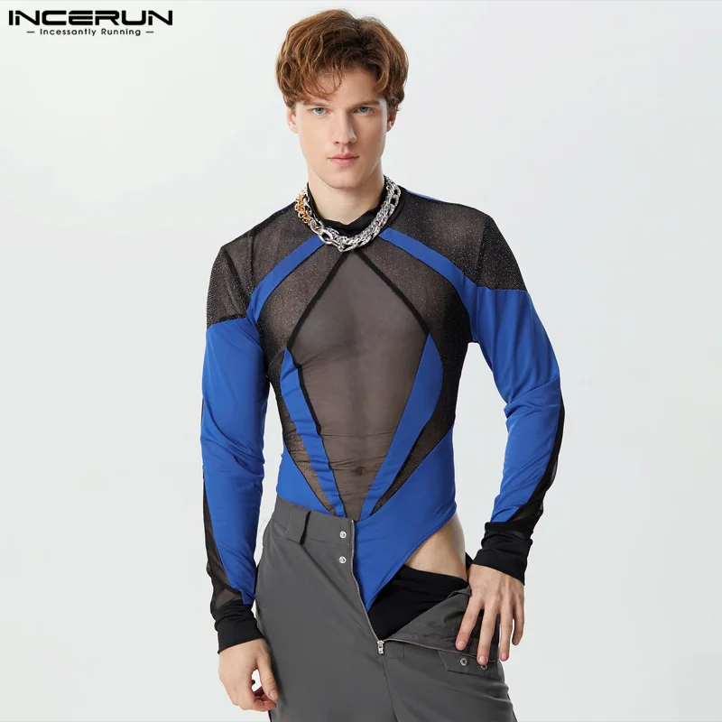 INCERUN Men Bodysuit Mesh Patchwork Turtleneck Long Sleeve Sexy Male Rompers Streetwear 2024 Shiny Transparent Fashion Bodysuits