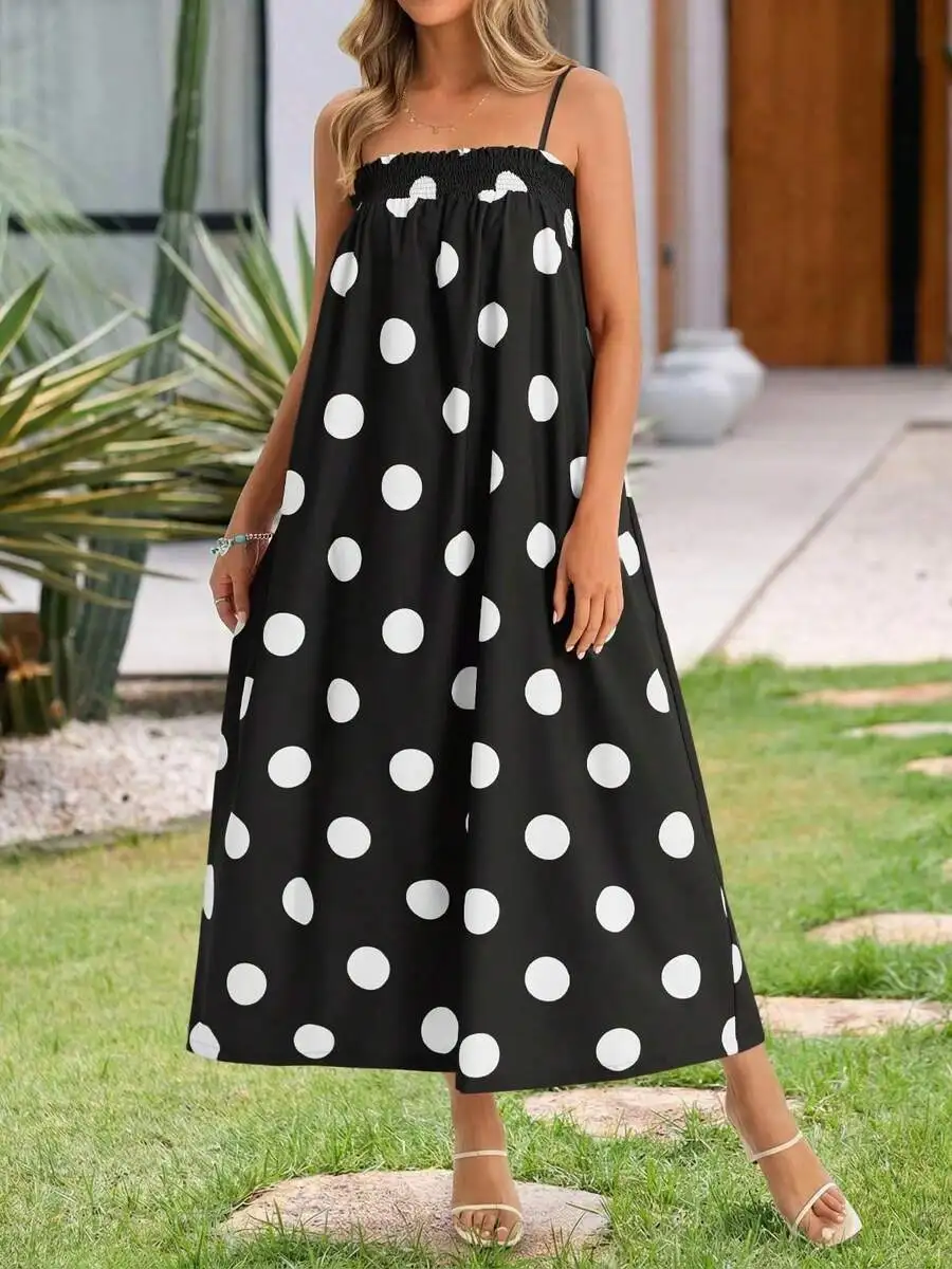 

Womens Summer Polka Dot Maxi Dress Spaghetti Strap Smocked Loose Vacation Beach Dress With Pockets