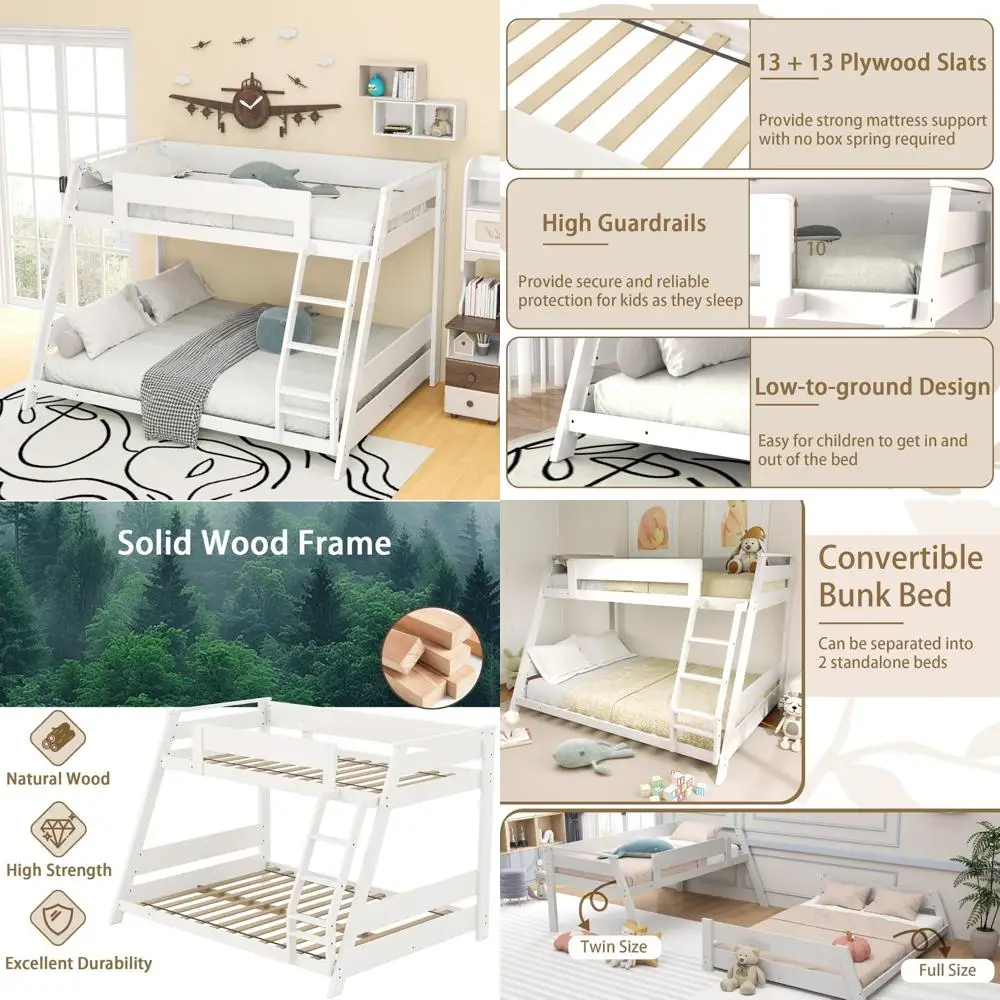 

Twin Over Full Wood Bunk Bed with Reversible Ladder, Slat Support, Safety Rails, and Low Profile Design