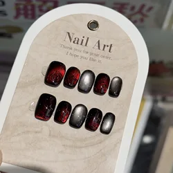 10Pcs Red Cat Eye Press on Nails Short Square Acrylic Fake Nails Rose Bowknot Design Fake Nails Rhinestone Nail Art with Glue