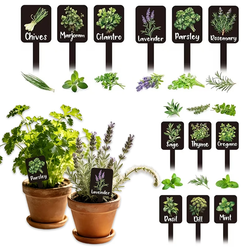 12Pcs Acrylic Garden Herb Signs,Herb Garden Plant Labels Markers for Outdoors Tags Signs with Printed Name Gardens Plants Potted