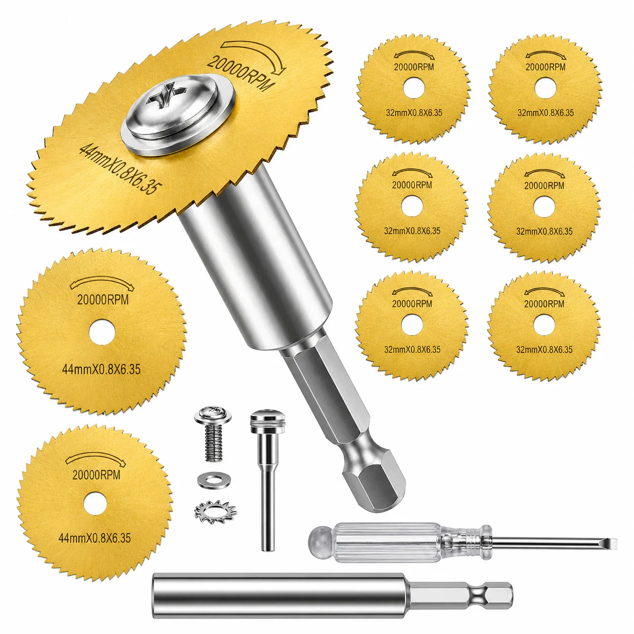11PCS HSS Saw Blade Set, 32/44mm Titanium Coated, 6.35mm Hex Shank Rotary Cutting Discs for Wood Metal Plastic