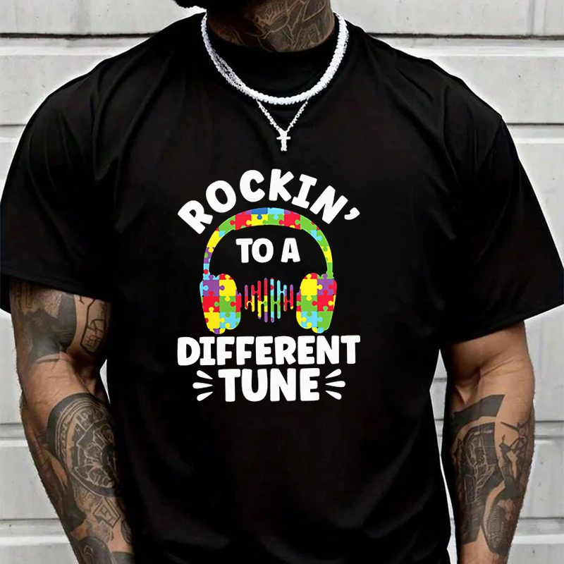 

Rockin To A Different Tune Creative Print T Shirt Summer Short-sleeved Casual Tee Men Women Streetwear Loose T-shirt