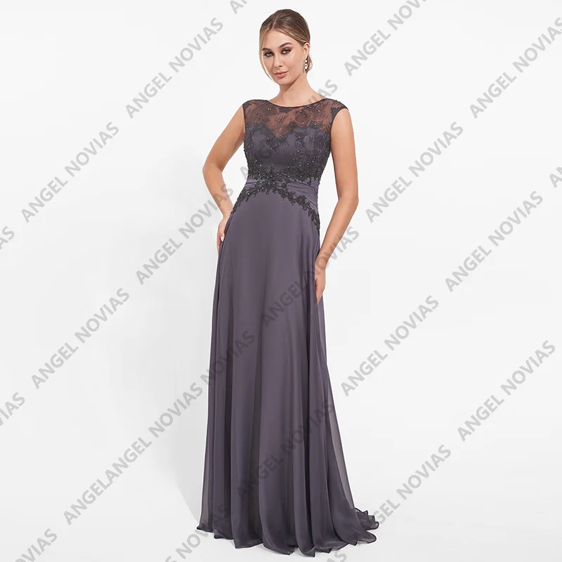 

Long Grey Mother of the Bride Dresses Boat Neckline Customized Wedding Guest Dress vestidos de fiestas elegantes mujer