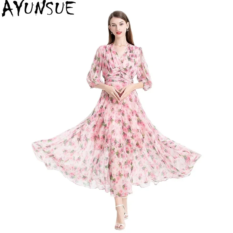 

AYUNSUE 100% Mulberry Silk Dresses 2024 Women Elegant Luxury Party Long Dresses Summer Pink Fairy Dress Womans Clothing Vestidos