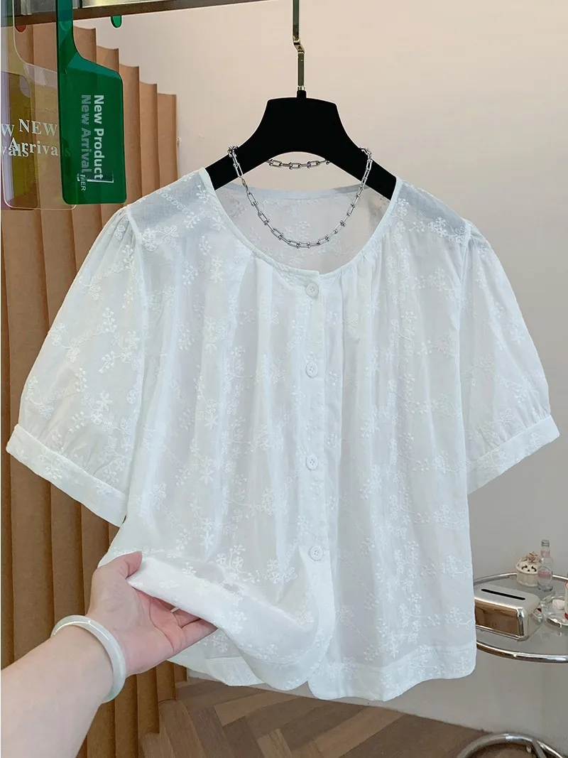 

Korean Style Embroidered Short Sleeve round Neck Shirt Women's Summer New Sweet Youth Casual Fashion Top Breathable Cotton Blend