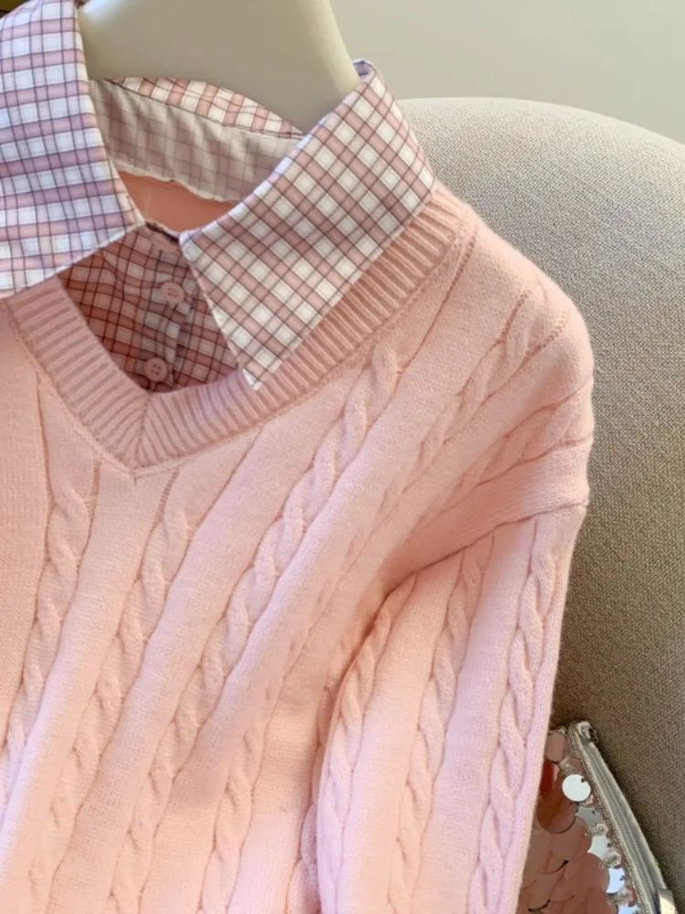  เสื้อสเวตเตอร์ถักลายตารางแบบผูกคอสำหรับผู้หญิง ฤดูใบไม้ร่วง ฤดูหนาว เนื้อนุ่ม ตัดต่อสวยงาม สไตล์หวาน สวมใส่สบาย ทรงหลวม แฟชั่นลำลอง