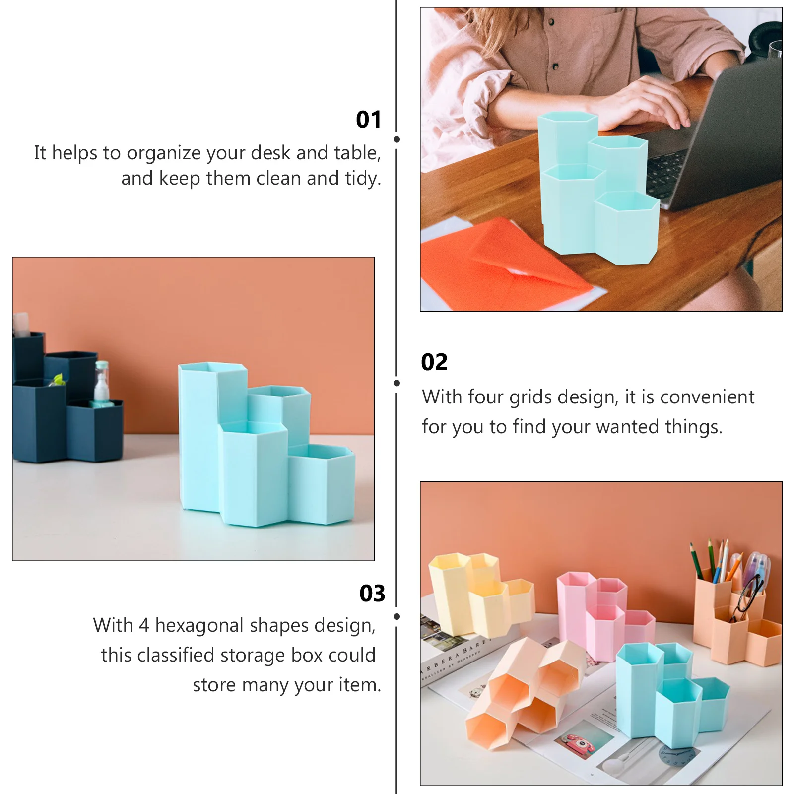 

Organizers Hexagonal Pen Holder Desk Storage Makeup Container Dressing Table Stand Blue Cute for Office Work