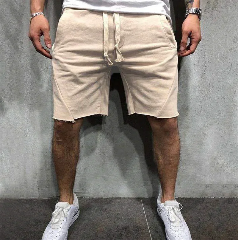 Men\'s Solid Color Frayed Hem Drawstring Shorts Hip Hop Streetwear Male Gyms Fitness Short Sweatpants Joggers Sportswear Shorts