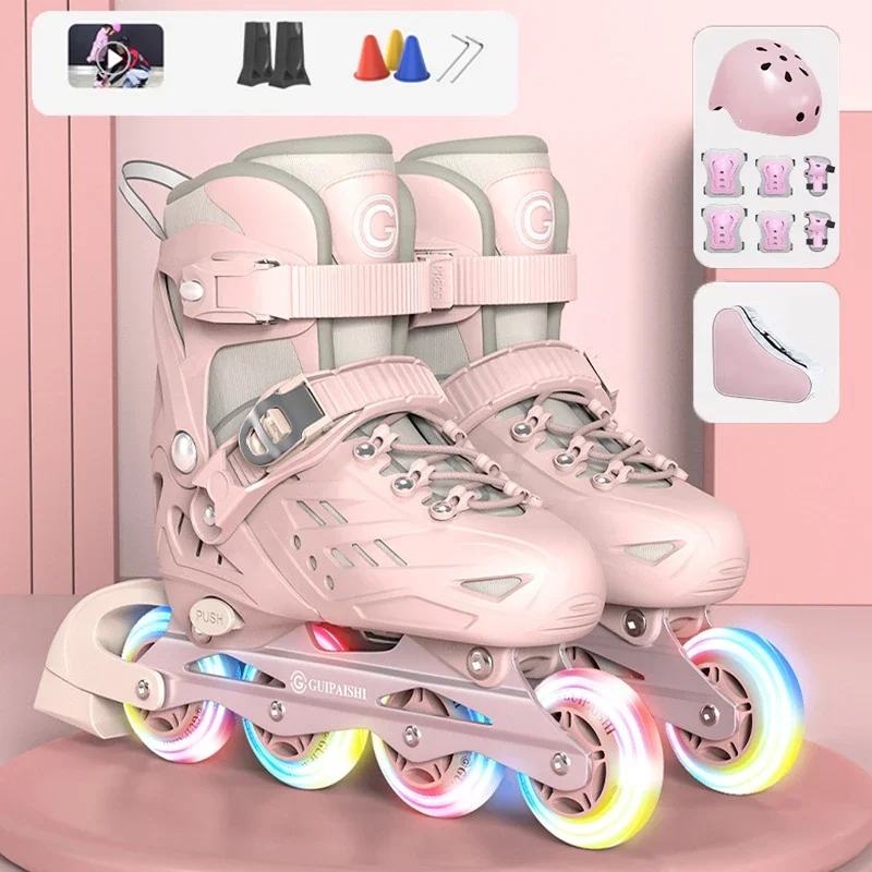 زلاجات دوارة مضمنة مع خوذة، وسادات للكوع والركبة، مجموعة حقائب أحذية فلاش 4 عجلات أحذية رياضية للأولاد والبنات أحذية تزلج قابلة للتعديل