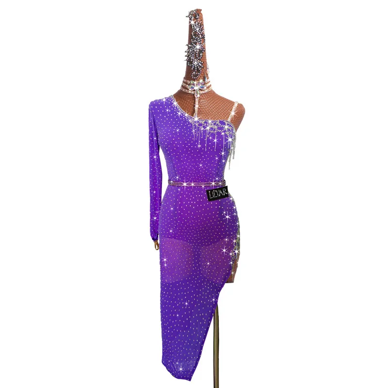 New Latin Dance, Latin Costumes, Competition, Performance Costumes. Purple Slim-Fit Sparkly Diamond Sexy Dance Dress