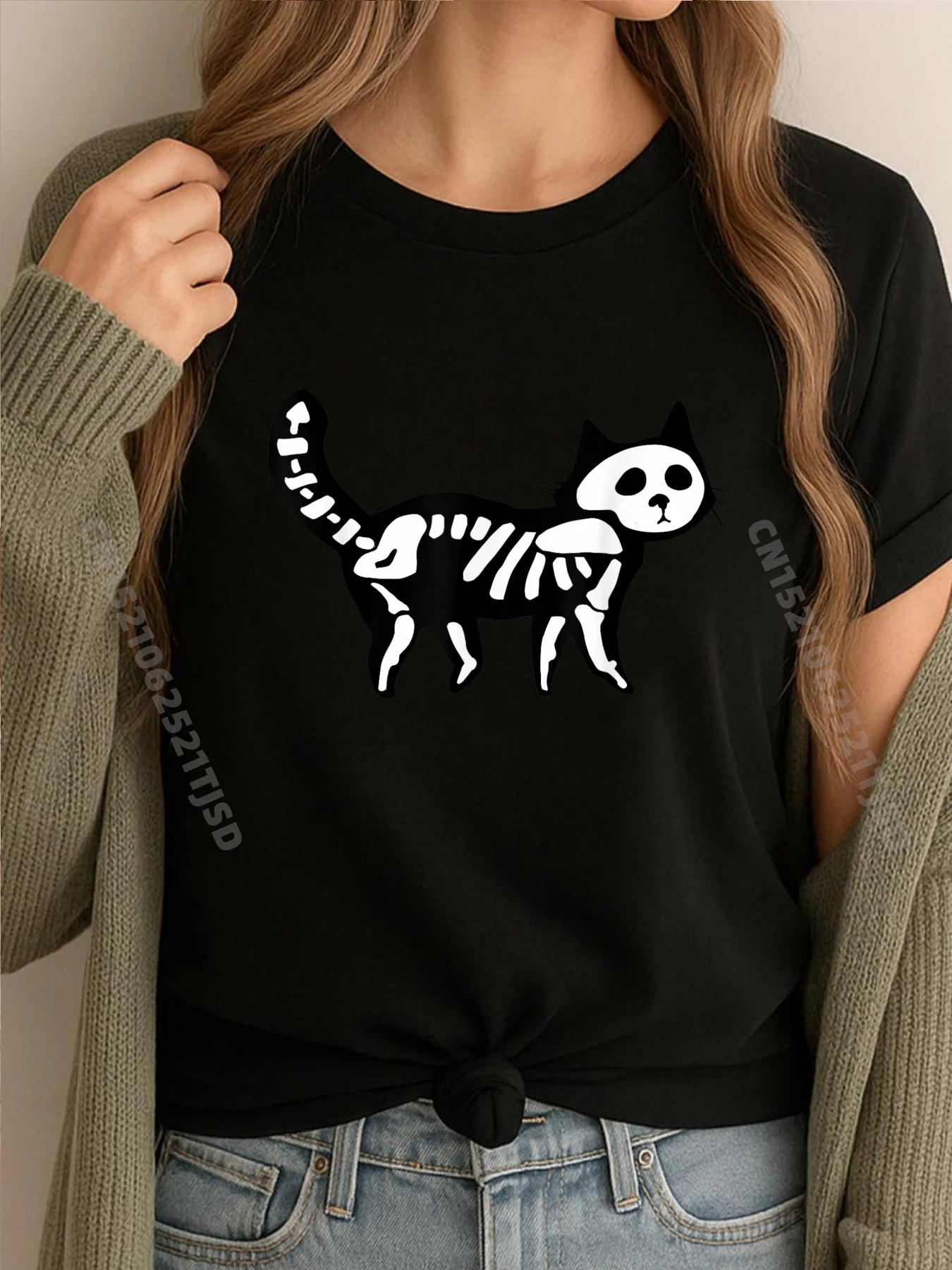 

Скелет Кот Хэллоуин Кот Скелет Простые футболки Оптовая продажа Женская унисекс Мужская одежда Свободная одежда