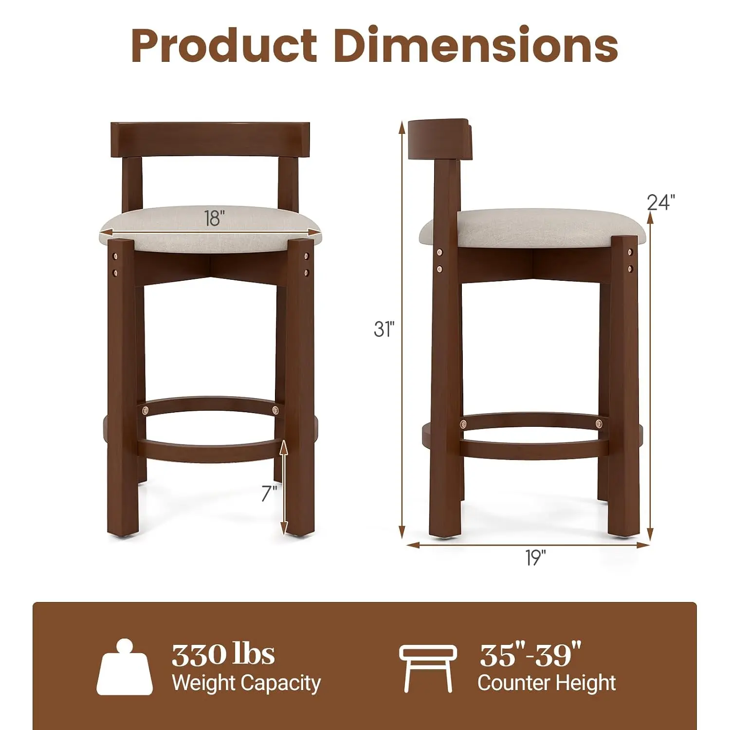 Wooden Counter Stools Set Of 4 With Low Back & Padded Seat, Customized