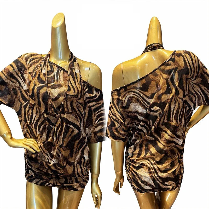 

New Waltz Latin Dance Shirt Adult Women Rumba Samba Dance Tops Sexy Performance Clothing Tiger stripe Practice Smock