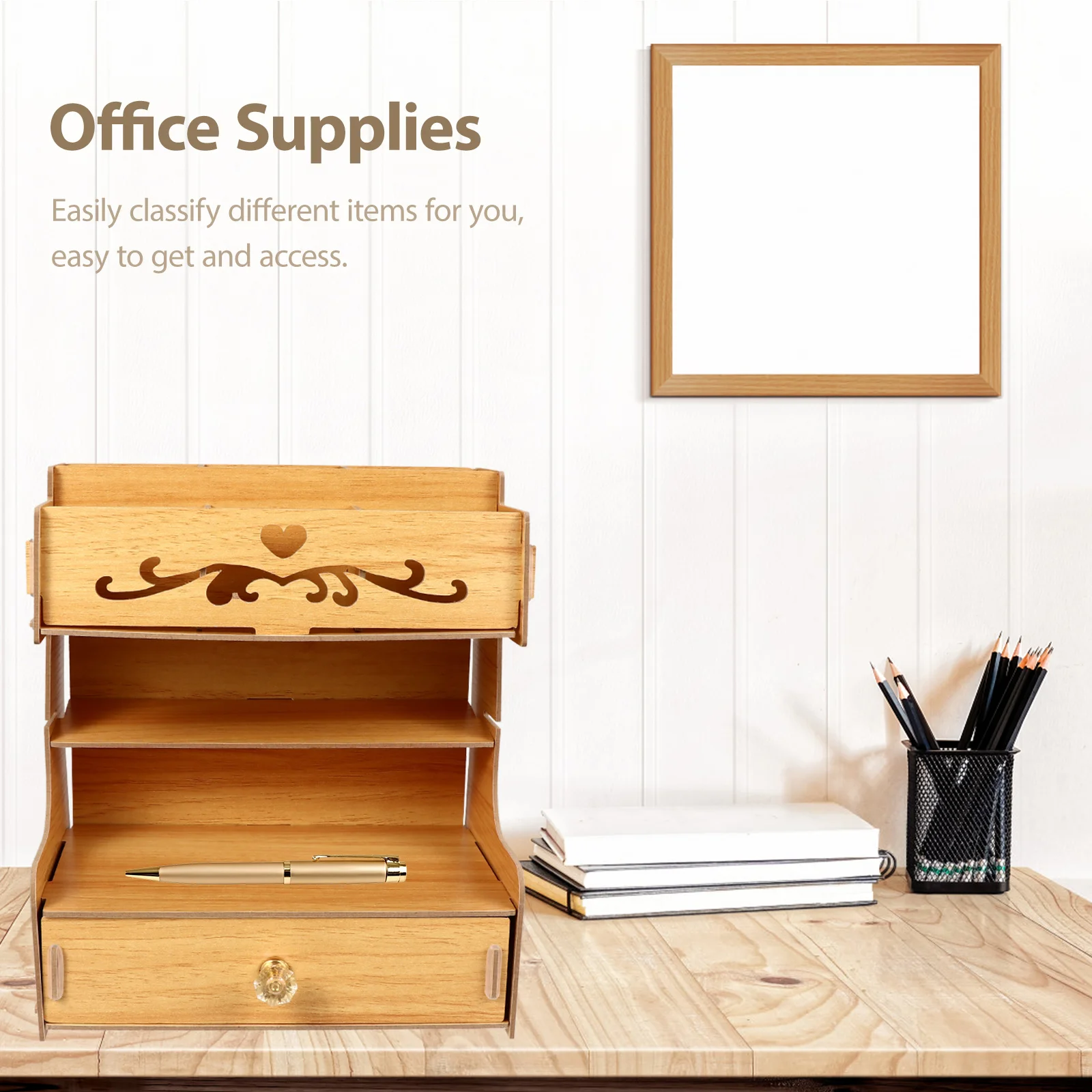 

1 set 1 Set Wooden Desk Organizer With Drawer Large Capacity Stationery Storage Rack For Office Pen Holder Compartment Organizer