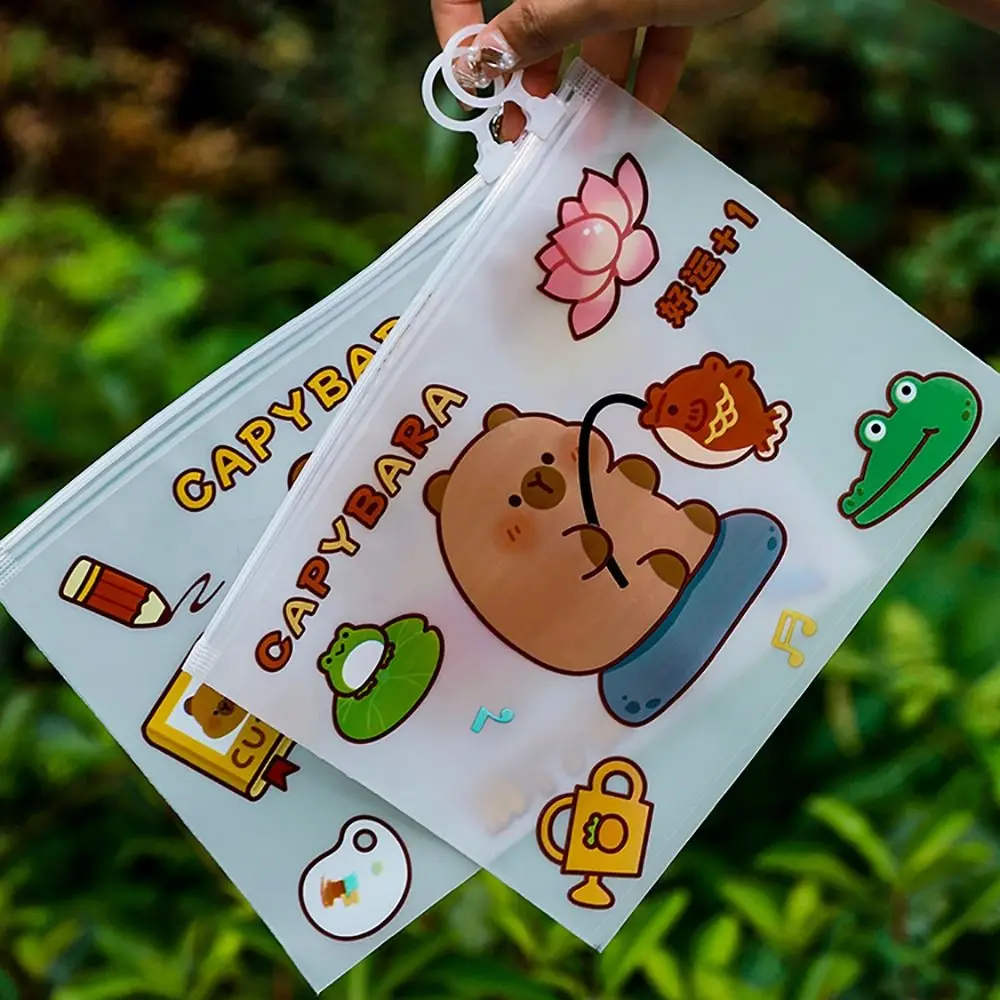 Cartoon PVC Waterproof File Folder Zipper Large Capacity Pen Bag Transparent Capybara File Bag Students
