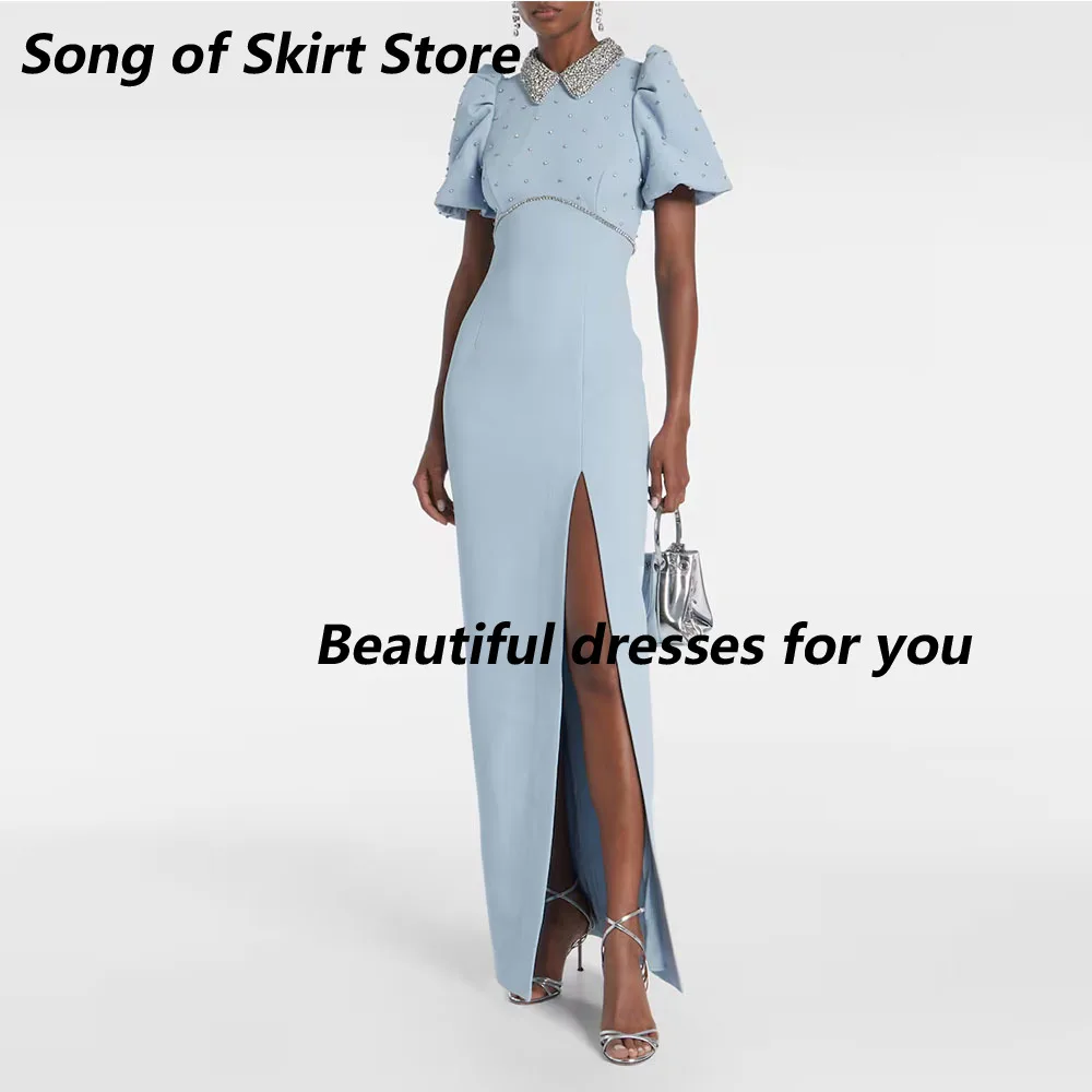 

Sky Blue Luxury Evening Dress for Women Wedding Mermaid Formal Party Dress Bead Short Sleeves Ankle Length Prom Dress Customized