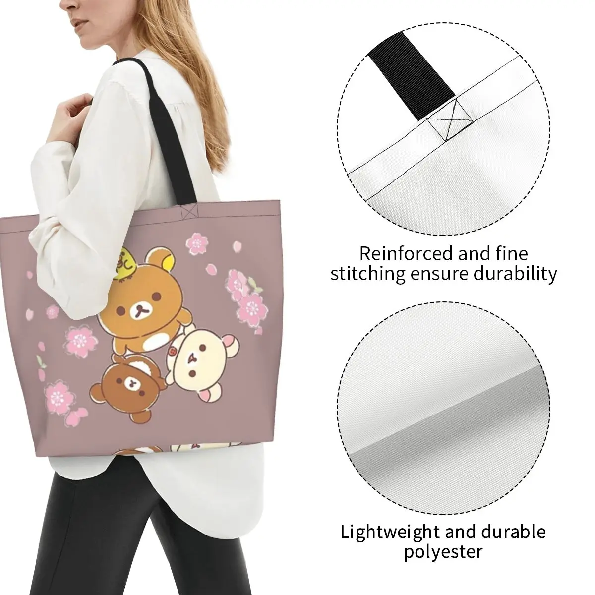 Rilakkuma Sakura Shopping Tote Bag Canvas Large Capacity Shoulder Bags Shopper Grocery Handbag for Women