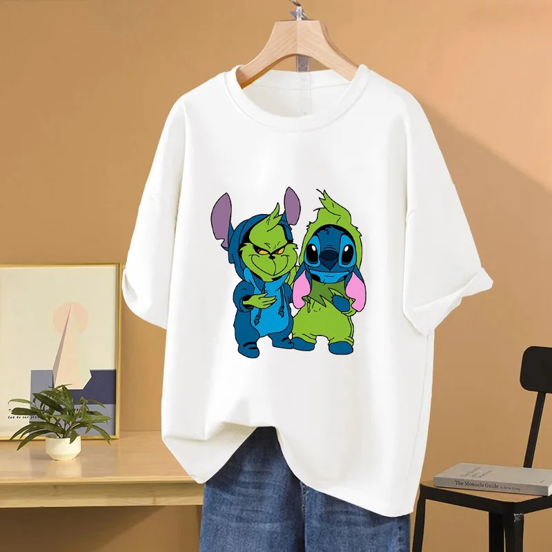 Stitch Cartoon Anime Women T-shirt Summer Short Sleeve Men Tee Shirts 100% Cotton 2025 New Fashion Couple Clothes Tops