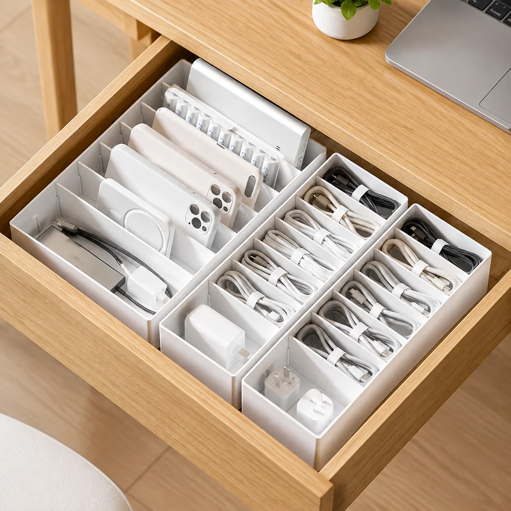 Multifunctional Cable Organizer Box Compartment Stackable Desk Drawer Organizer Removable Dividers Space Saving