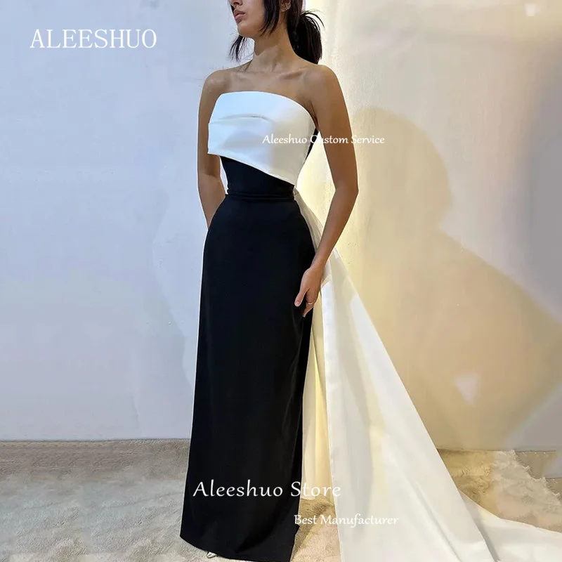 Simpl Black and White Satin Long Prom Dress Sleeveless Pleats Saudi Arabic Strapless Mermaid Party Dress Floor Length Customized