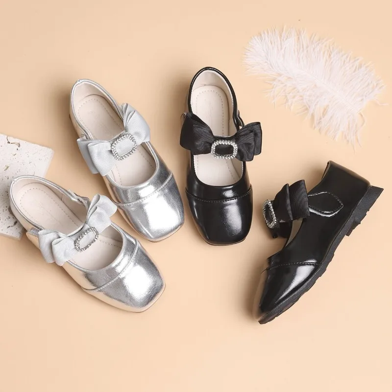 

Kids Performance Shoes Black Silver Elegant for Girls Princess Shoes with Big Bows 2025 Brand New Children Flats Soft Non-slip