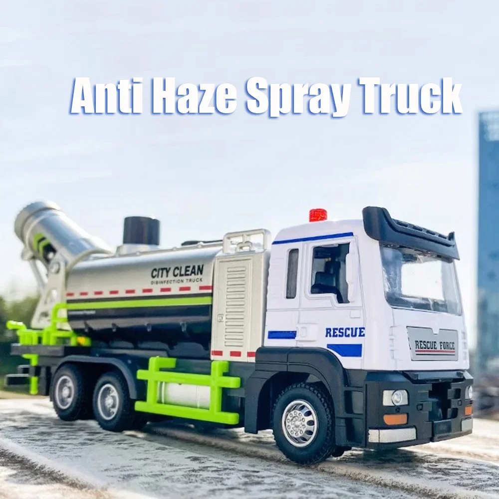 1:32 Anti Haze Spray Truck Miniature Cars Toys Model Light Music Dust Removal Car Wheel Pull Back Engineering Vehicle Boys Gifts