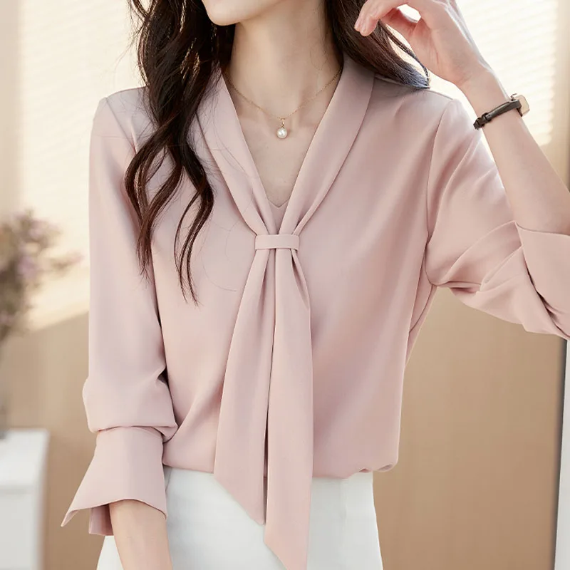 Autumn V-Neck Women Blouse Fashion Lace-up Long Sleeve Chiffon Blouse Shirt Women Tops Camisas Blusa Blusas Camisas De Mujer H50