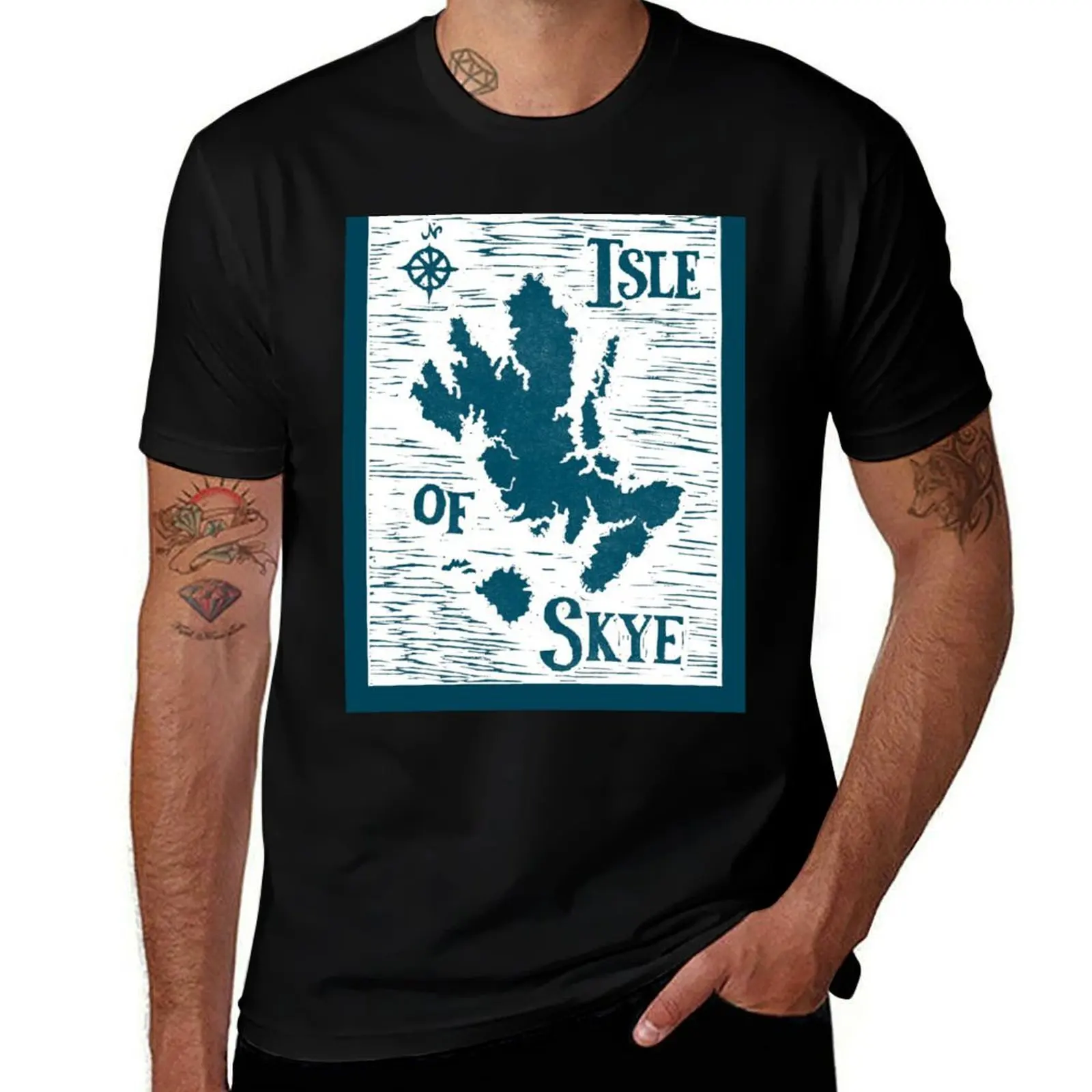 Isle of Skye map linocut teal T-Shirt Summer Print Short Sleeve Tee T-Shirt