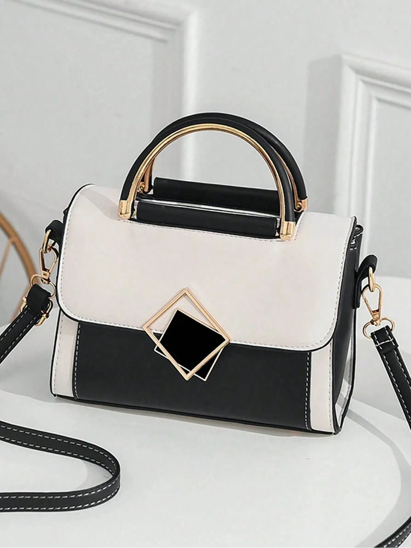 

Two-Tone Top-Handle Handbag with Geometric Clasp, Adjustable Strap