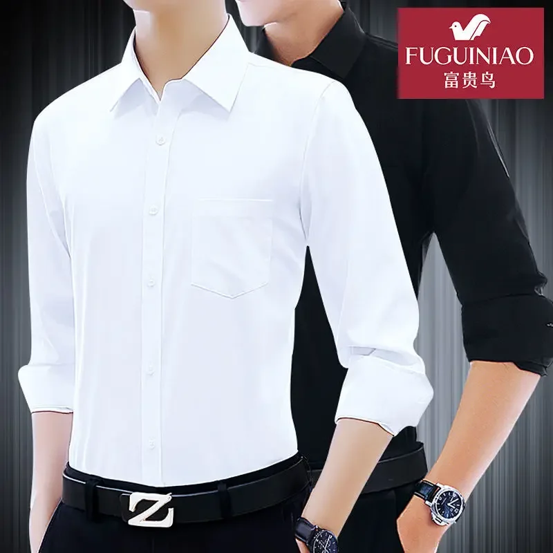 Camisa formal de manga comprida masculina, branca, sarja, negócio, slim fit, vestido profissional, camisa solta, sem engomar, roupas masculinas, 5XL