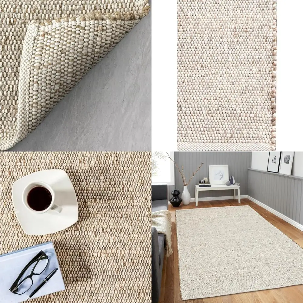 

Handwoven Jute Cotton Area Rug, 5x8 ft, Natural Fiber Farmhouse Style for Living Spaces and Kitchens - Rustic Charm