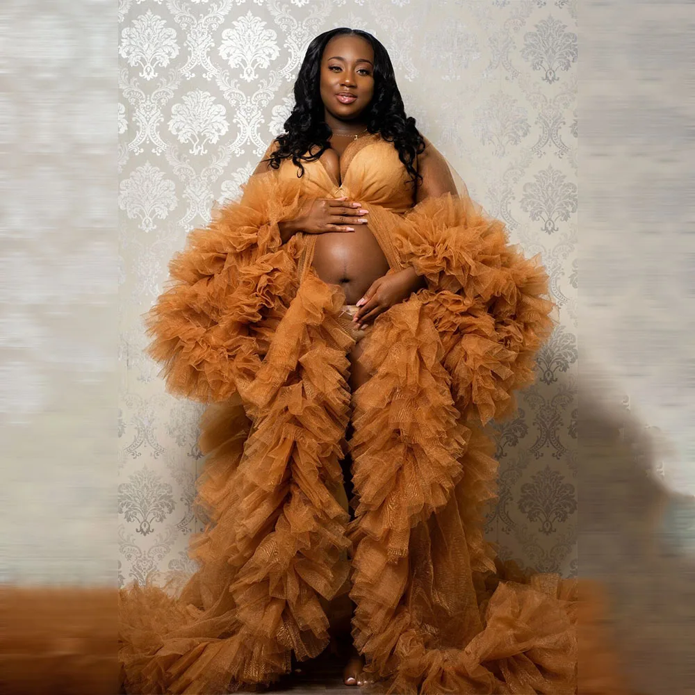 

Customized Extra Ruffles Maternity Dresses Pregnant Women Robe Tiers Ruffles Fluffy Front Split Baby Shower Gown Photoshoot