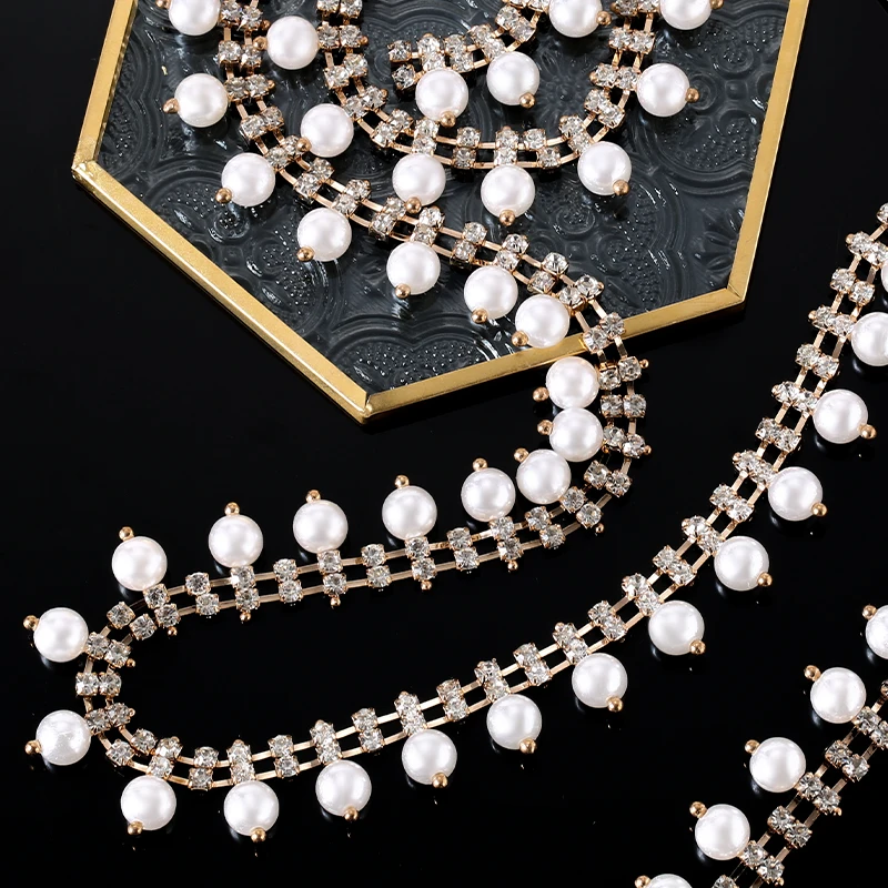 1 yard Pearl Tassel Rhinestone Crystal Trim Chain Sew on Rhinestone Cup Chain for DIY Garments Shoes Bags Sew/Glue on Decoration