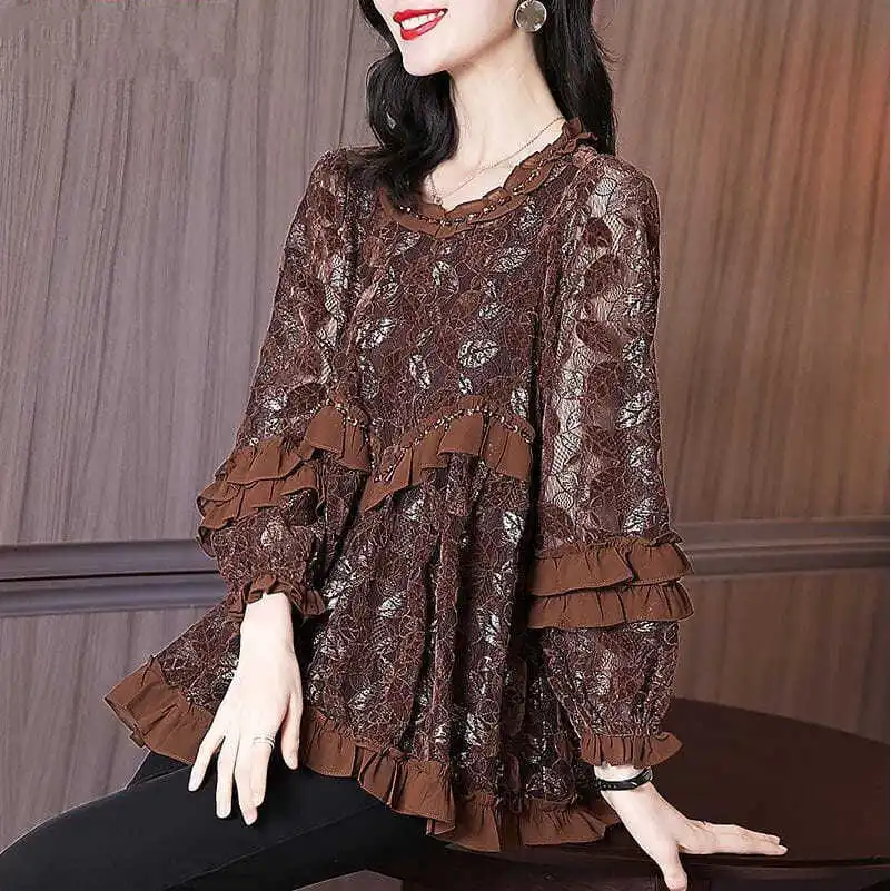 Elegante tinta unita Ruffles Lace Hollow Out camicetta abbigliamento donna 2022 autunno New Sweet top camicia oversize allentata da pendolare