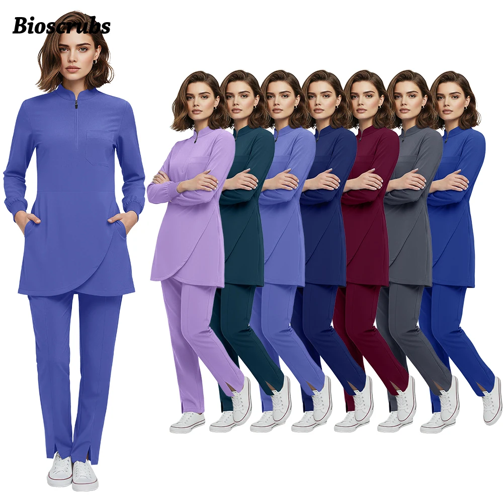 新しいスクラブユニフォーム病院ロングトップ-ストレートパンツ医療看護服女性美容室医師手術作業服ポケットセット