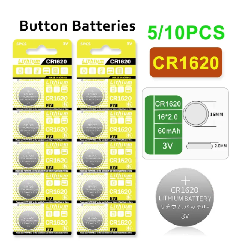 High-Capacity 60mAh CR1620 3V Lithium Button Cell Batteries LM1620 BR1620 ECR1620 KCR1620 CR 1620 5009LC Coin Cells Watch Toys