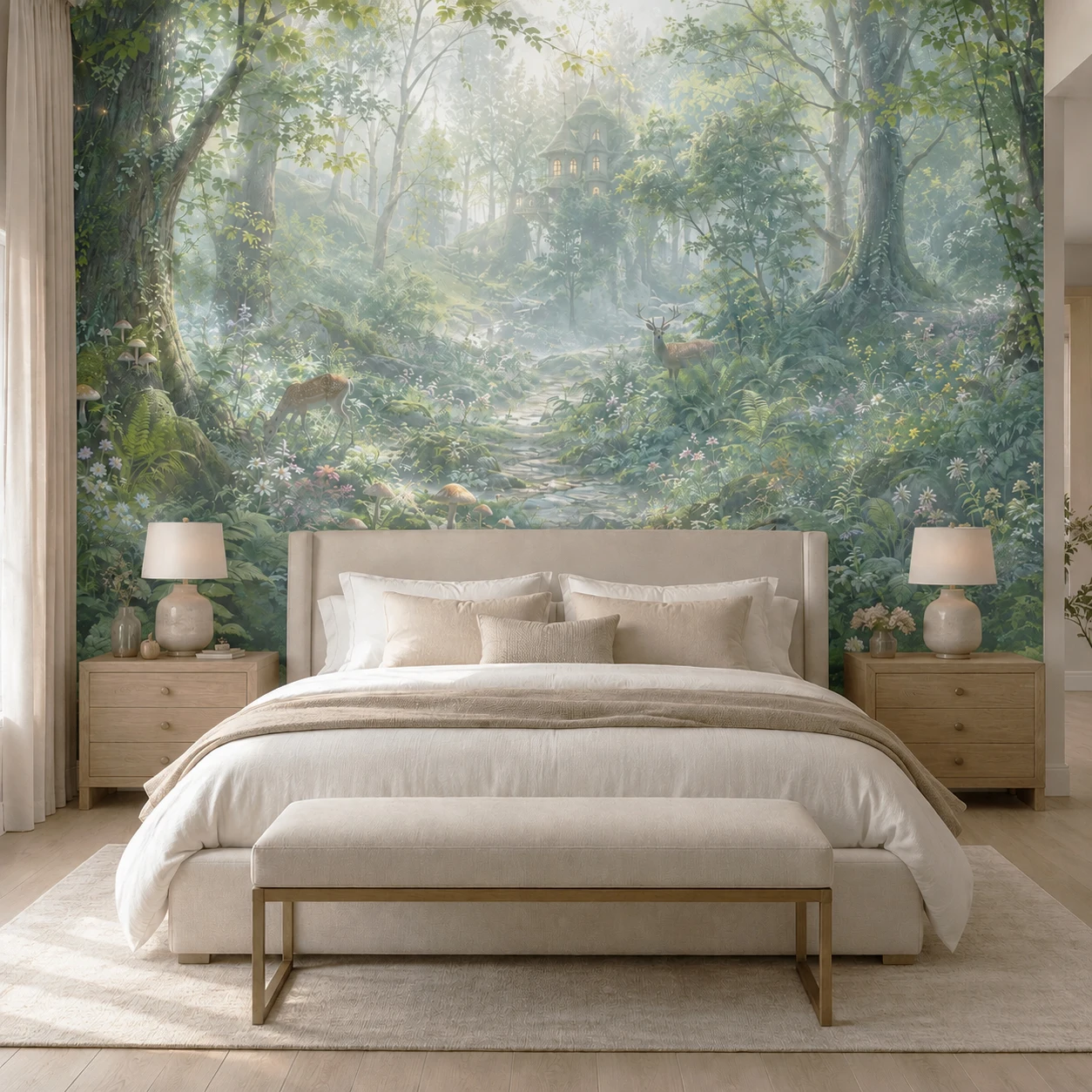 Enchanted Forest Wallpaper Mural Woodland Deer Castle Nature Wall Art for Living Room Bedroom Non Self Adhesive Glue Required