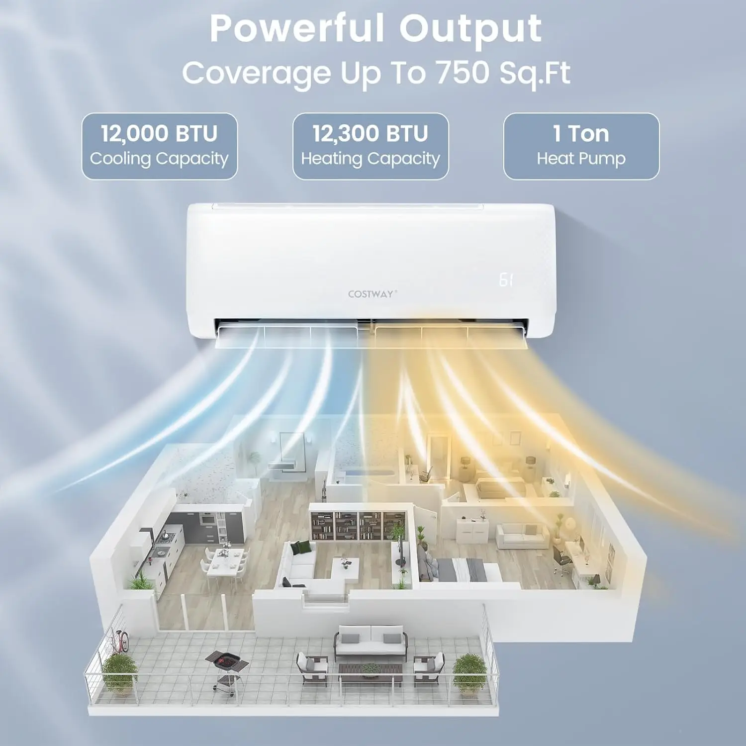 Mini Split Air Conditioner, with Heat Pump, 21 SEER2 Inverter, 24H Timer, Auto Clean, Remote Control for Rooms up to 750 Sq.Ft