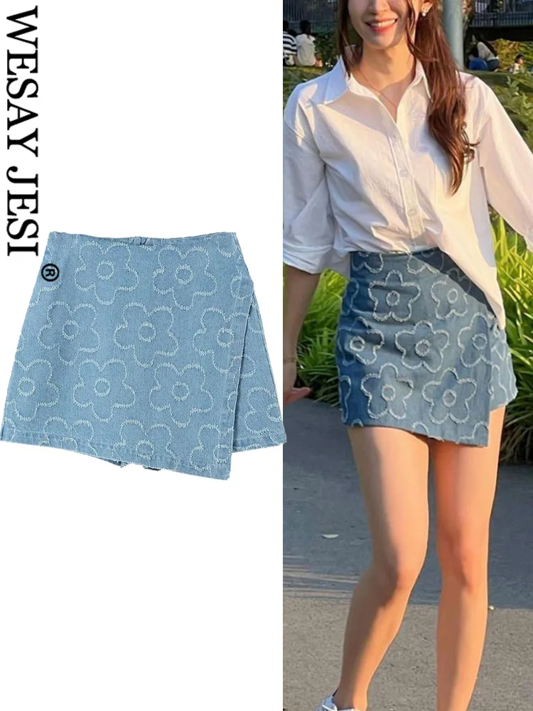 

WESAY JESI TRAF Summer Culottes Woman 2023 Trendy Solid Color Floral Decorate High Waist Zipper Female Casual Denim Short Skirts