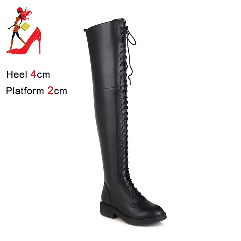 Women Over The Knee High Boots Winter Ladies Shoes Fashion PU Leather Thick Sole Heels Motorcycle Platform Long Boots Big Size