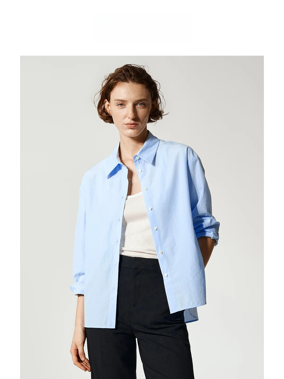 

Blue Loose Long Sleeve Shirt Women's Design Sense Small Collar Casual Layering Shirt Comfortable Polyester Cotton Blend